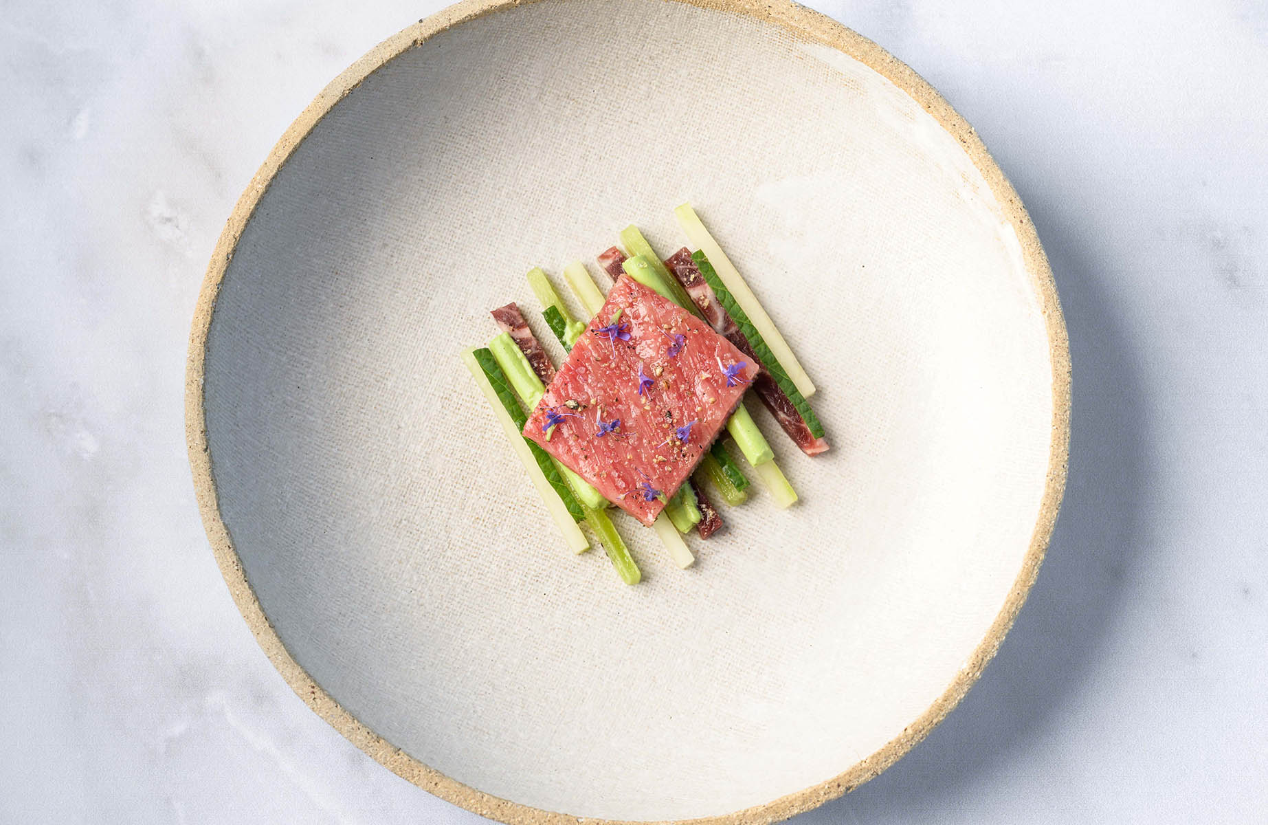 Bluefin tuna, shiso, kiwi and cucumber at La Chèvre d'Or in the South of France. © Paul Stefanaggi/La Chèvre d'Or