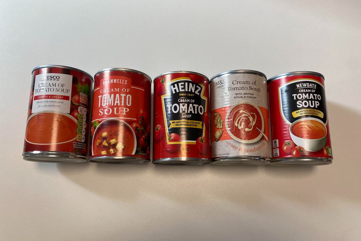 From left to right: Tesco, Aldi, Heinz, M&S and Aldi's cream of tomato soups