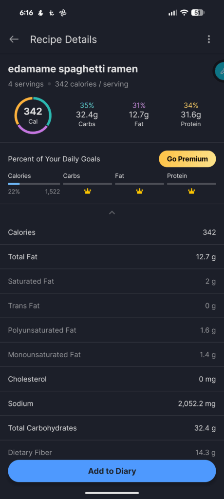 Edamame spaghetti Ramen 342 calories 31.6g Protein