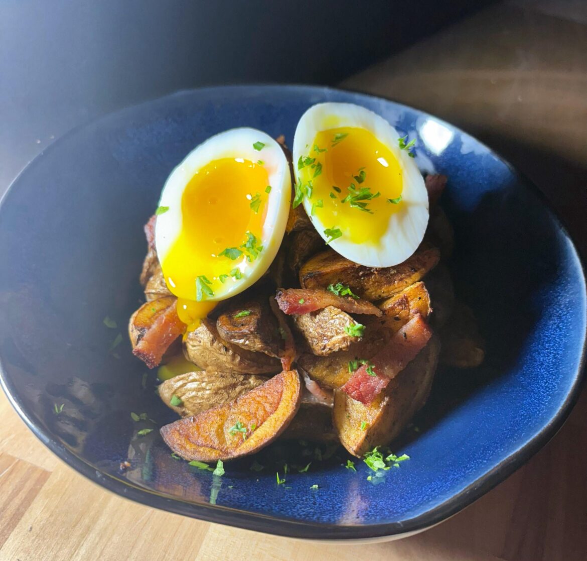 Bacon hash topped with a 6½ minute jammy egg