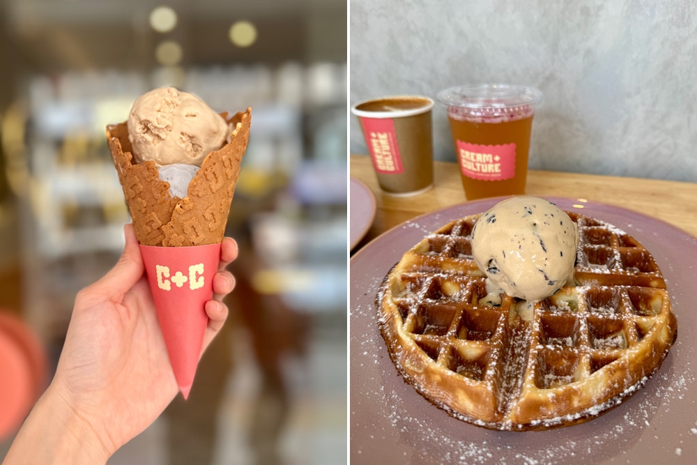 Enjoy your scoop in a classic cone (left) or atop freshly made waffles (right). — Picture courtesy of Cream & Culture