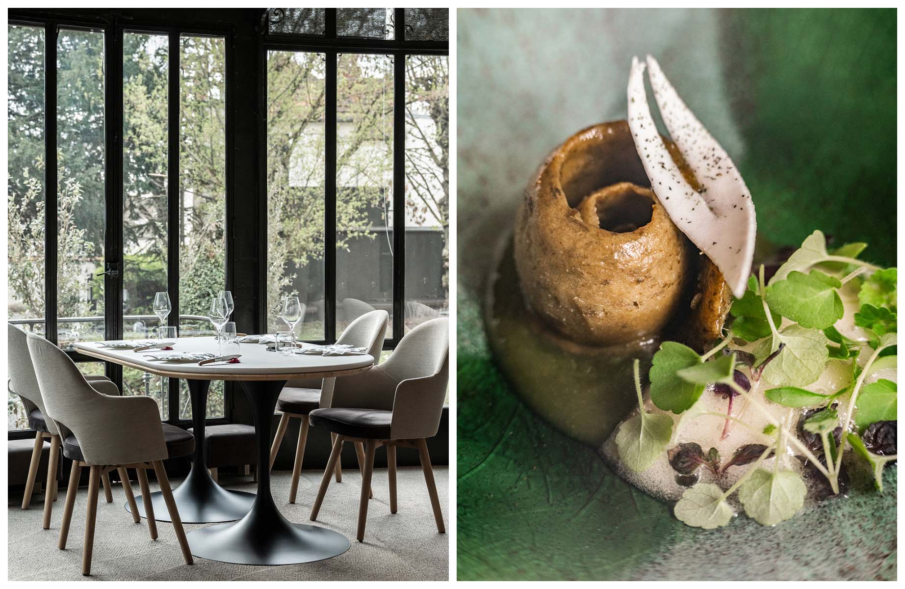 Inside the light-filled dining room at Arbane, alongside a dish from Le Corot. © Anne-Emmanuelle Thion/Arbane, © Chloé Artières/Le Corot