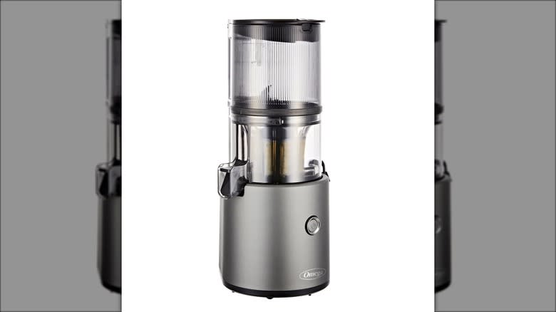 High-tech gray juicer against a white background.