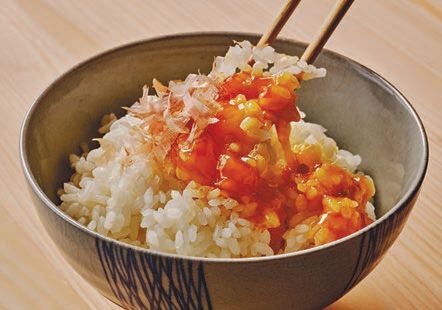 Gohan white rice, cured egg yolk and katsuobushi at Koshu Club. PHOTO BY: ANDREW THOMAS LEE