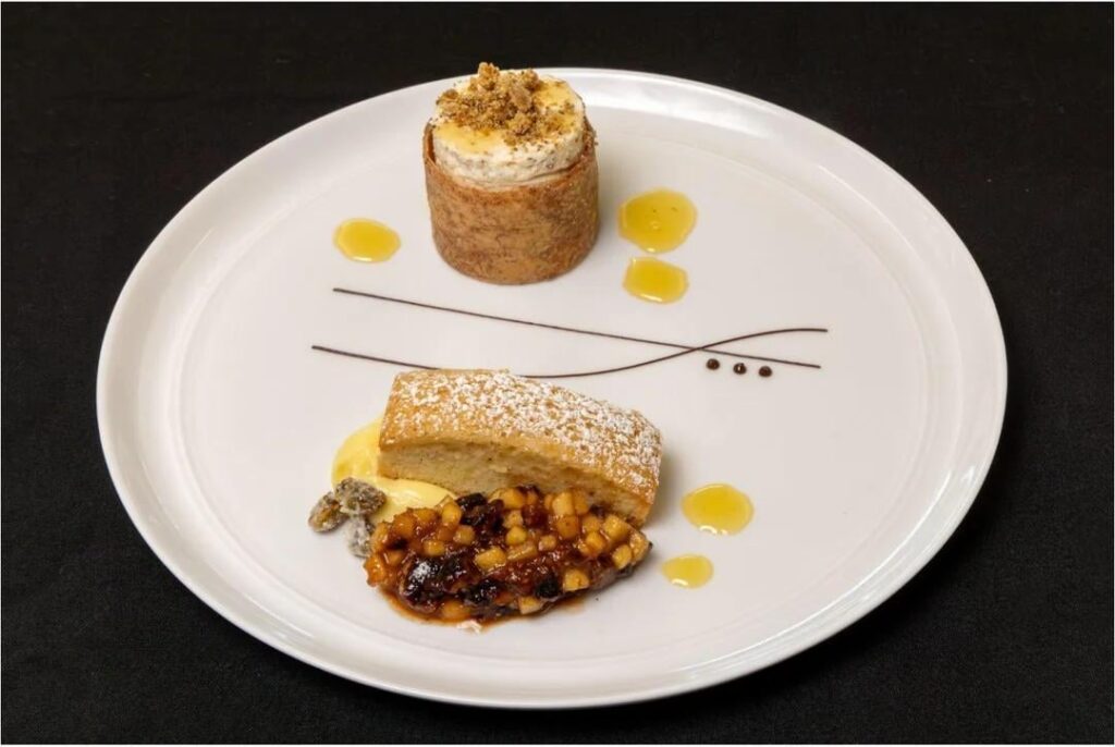 Fall Vs. Spring: Honey pistachio mousse w/ fig filling, crispy cinnamon phyllo, cardamom crumble, lemon olive oil cake, olive oil custard