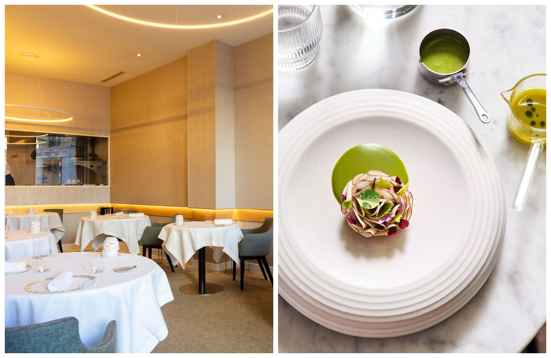 Inside the restaurant Alliance with a view of the kitchen, and a dish at the restaurant Virtus. © Aurélio Rodriguez/Alliance, © Anne Bergeron/Virtus