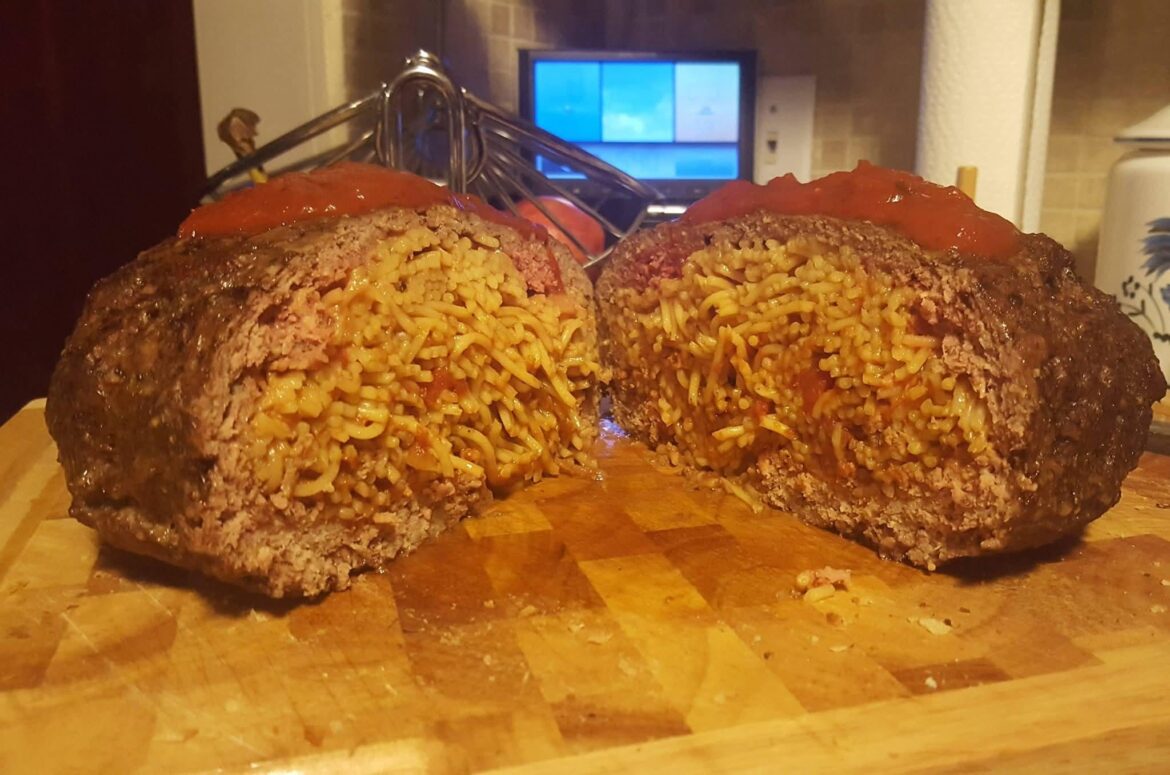 Giant meatball, stuffed with spaghetti.