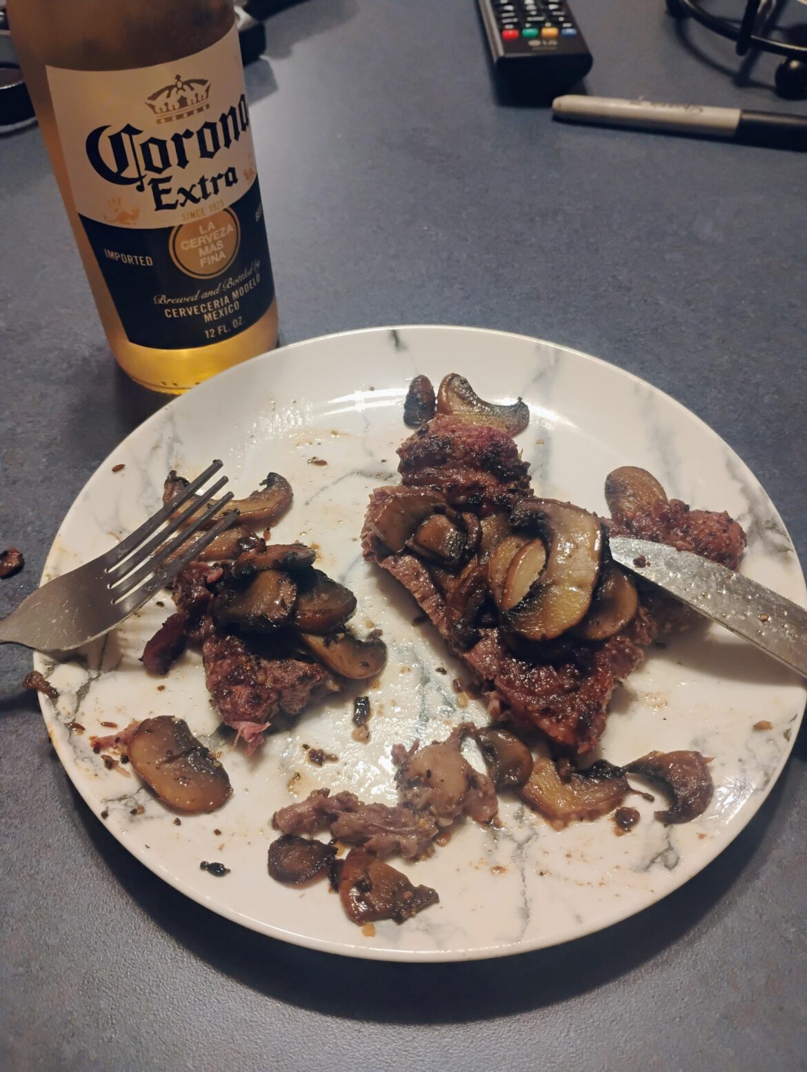 Ribeye with mushrooms. On beer 13