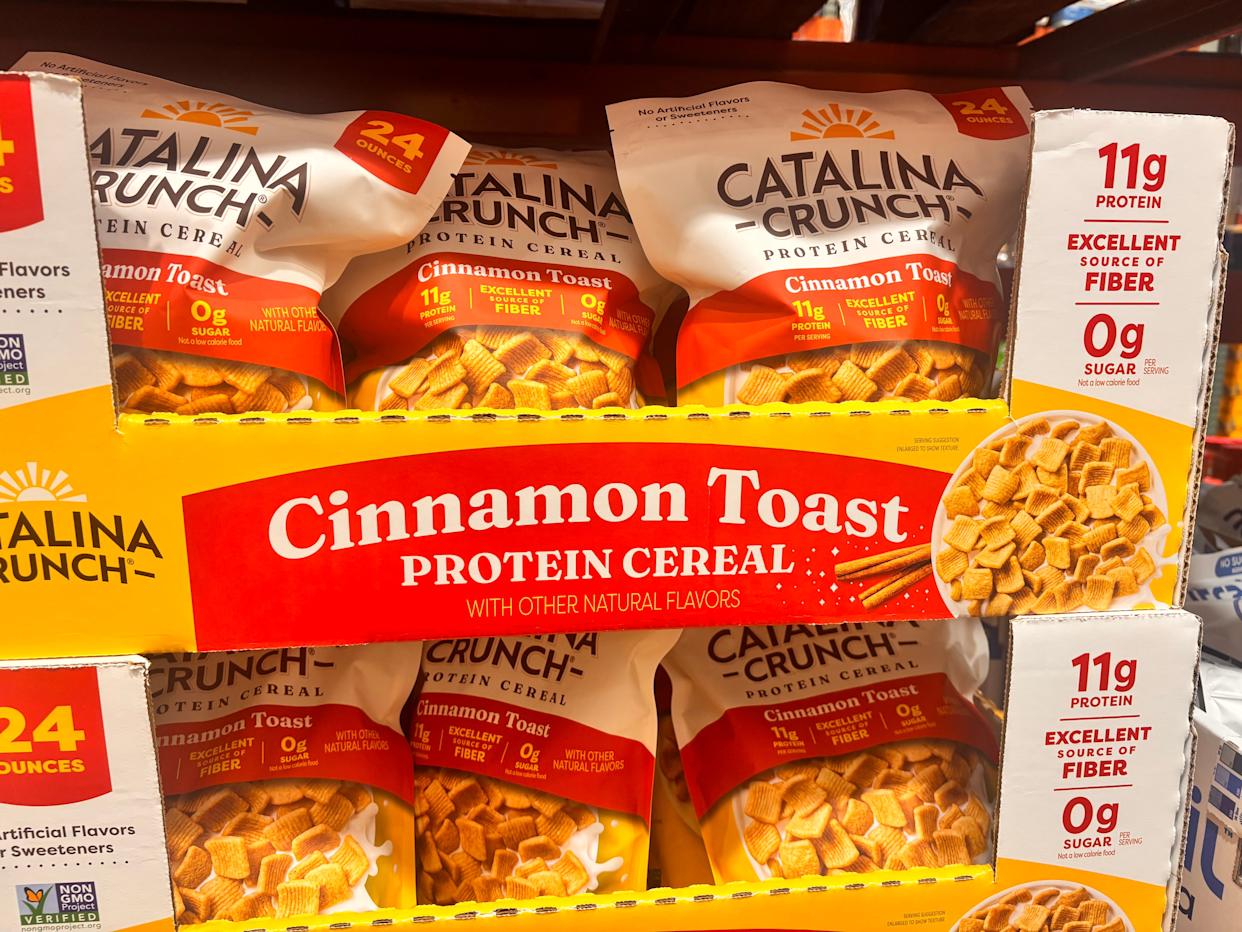 Catalina Crunch cinnamon-toast protein cereal bags in box at Costco