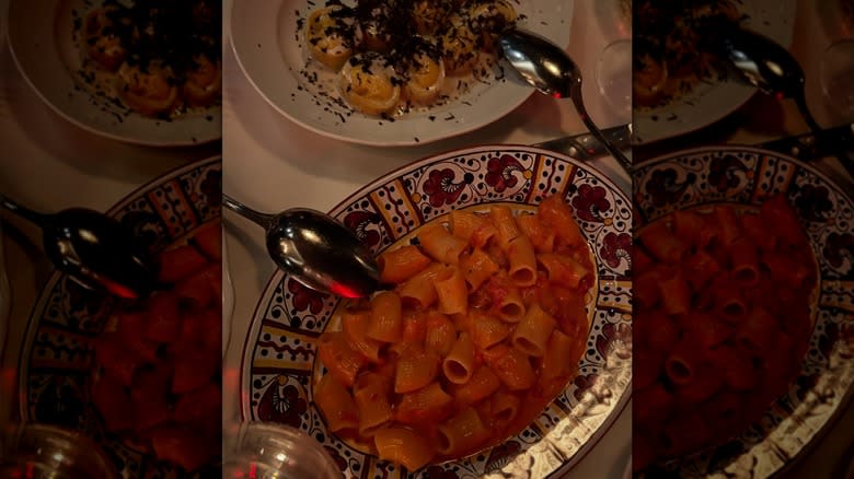 aerial shot of a plate of spicy rigatoni vodka on decorative plate at Carbone Italian restaurant in New York