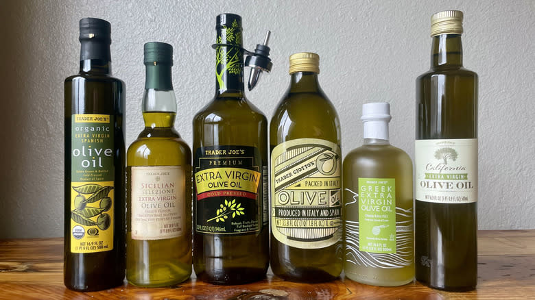 Trader Joe's brand olive oils lined up.