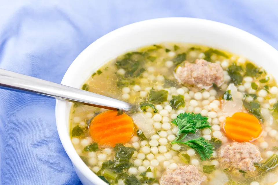 Italian wedding soup with meatballs and pepe noodles
