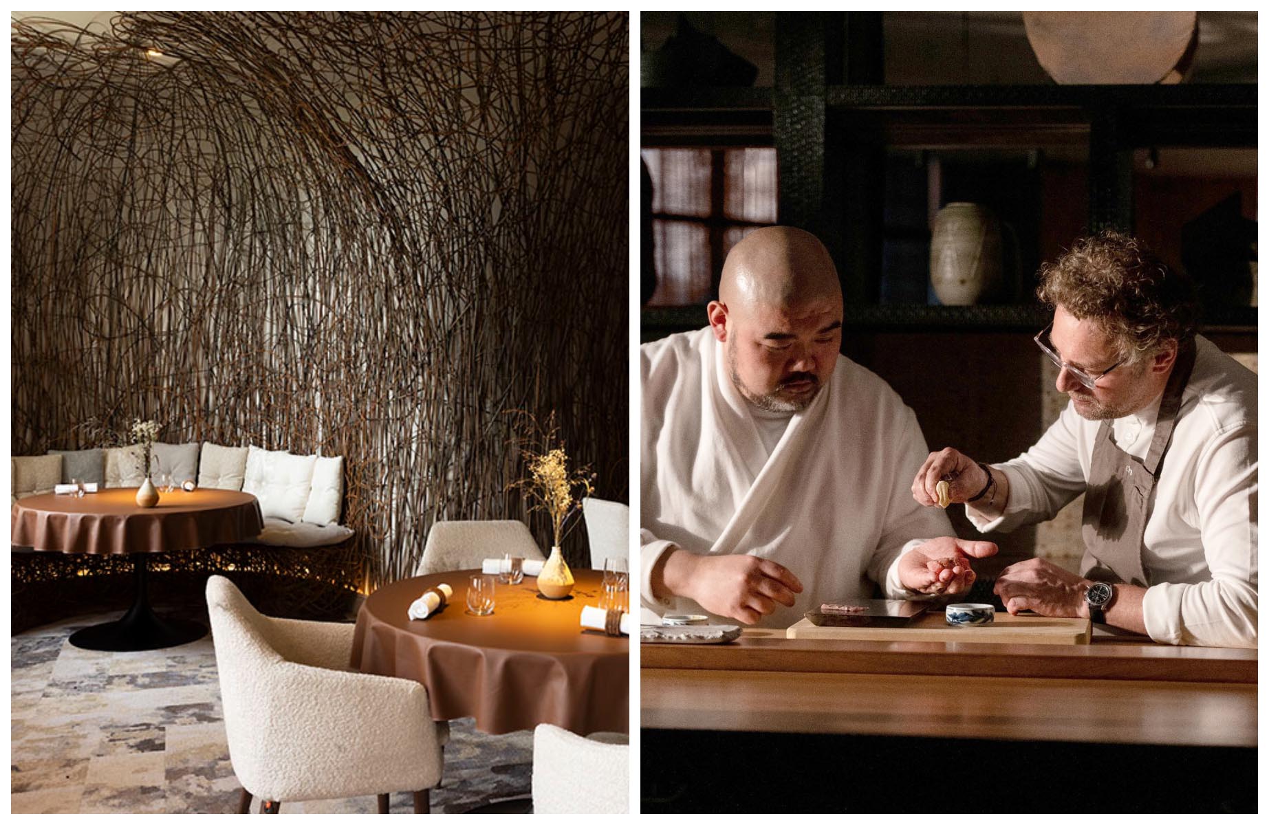 Inside the restaurant Bulle d'Osier, and Chefs Takuya Watanabe and Arnaud Donckele at Hakuba in Paris. © Matteo Carassale/Bulle d'Osier, © Caroline Dutrey/Hakuba