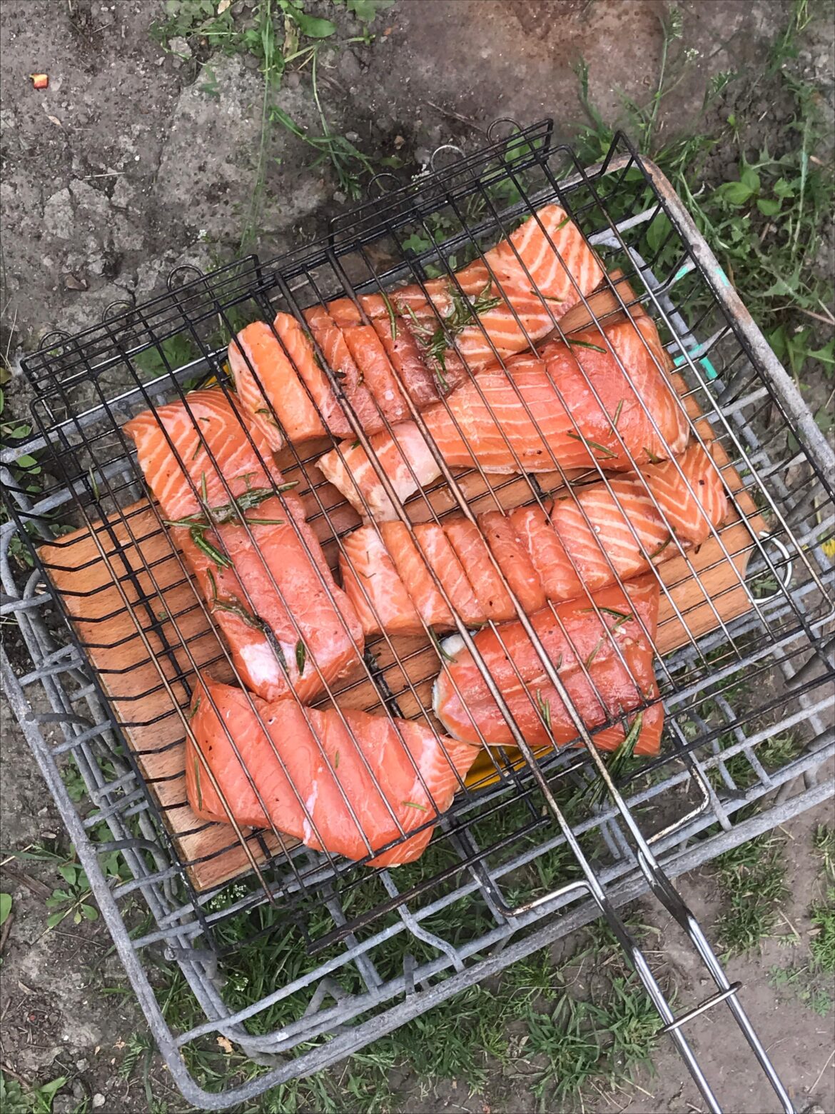 Cooked salmon on fire. Who wants the piece?