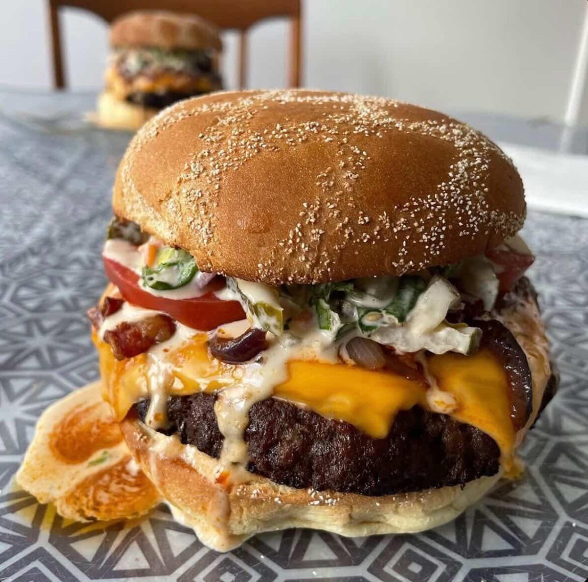 [Homemade] Double Cheese Bacon Burger with Caramelized Onions and Special Sauce