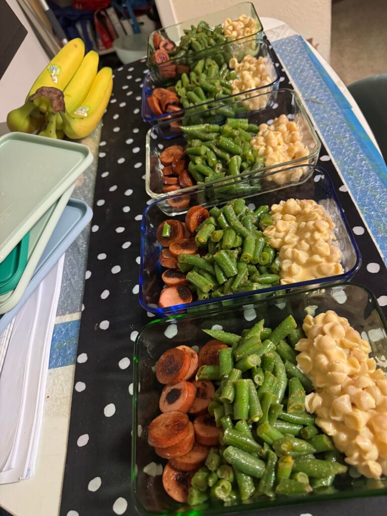 Turkey sausage, protein mac, and green beans.