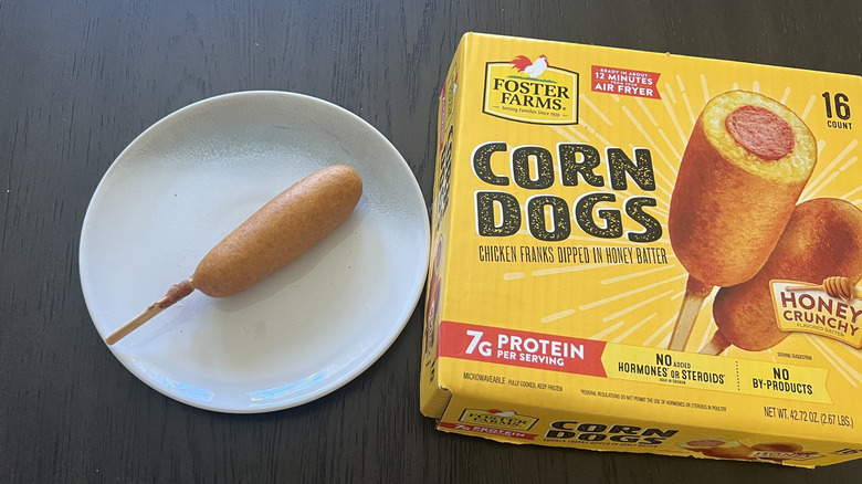 Foster Farms corn dog on a plate.