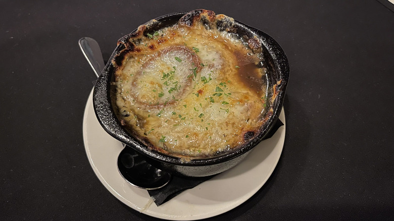 The French onion soup from Morton's on a white plate