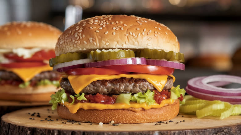 Close-up of a cheeseburger with tomatoes, onions, pickles, lettuce, and tomato