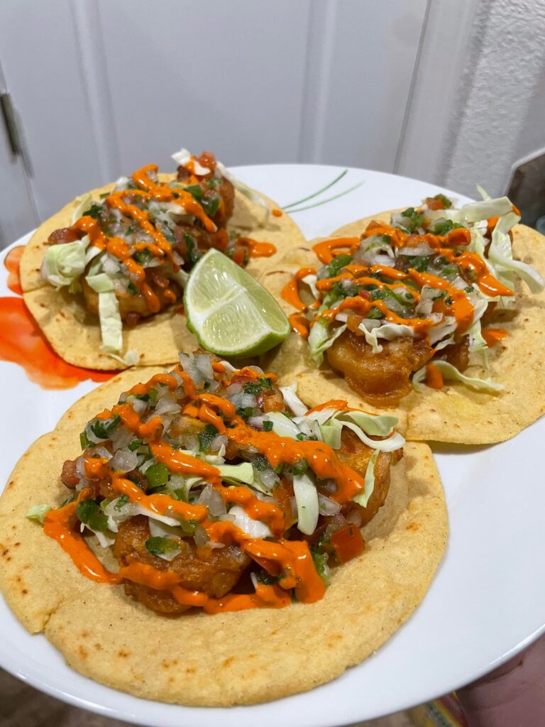 Homemade shrimp tacos. Pico, chipotle sauce, and maiz tortillas also from scratch.