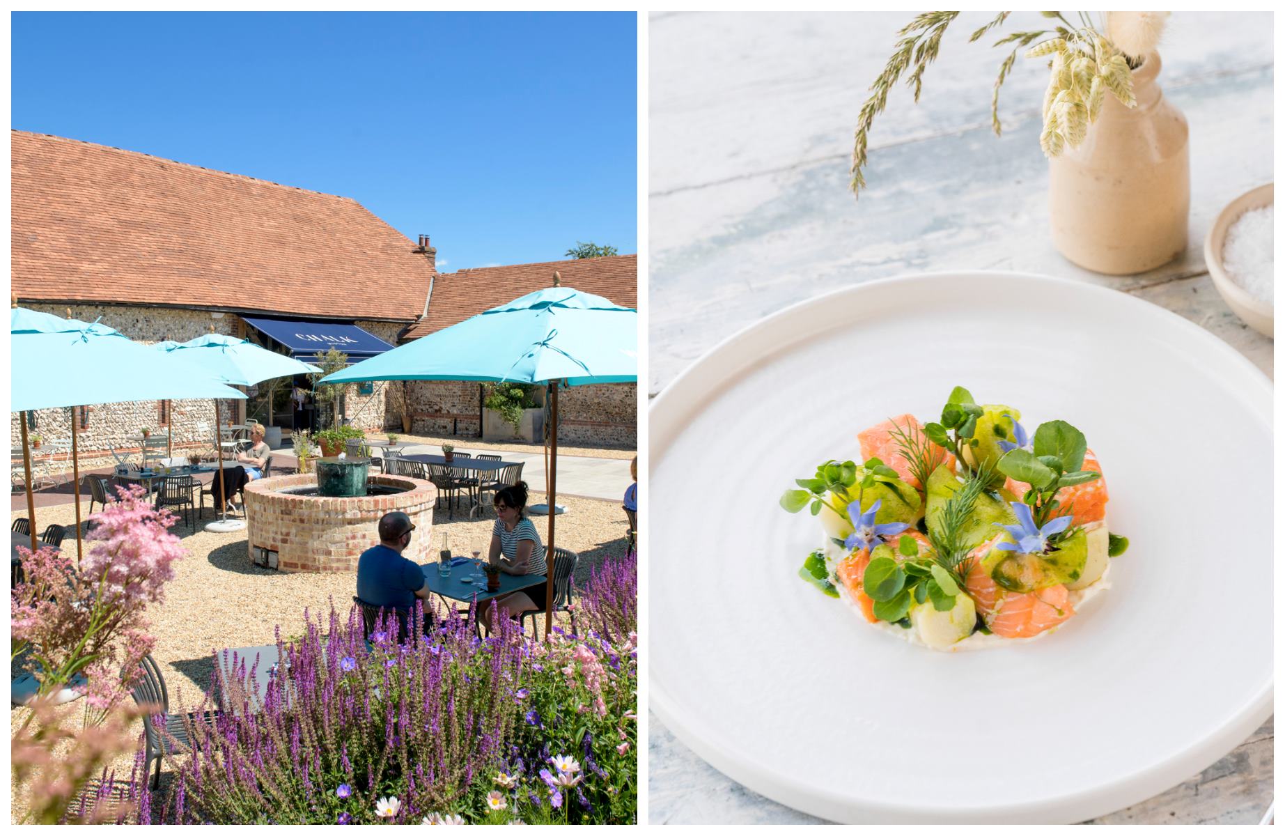 At Wiston Estate in Sussex, savor sparkling wines from estate-grown Champagne grapes paired with seasonal dishes in the farmhouse-inspired Chalk restaurant. © Jo Hunt/Chalk, Xavier Buendia/Chalk 