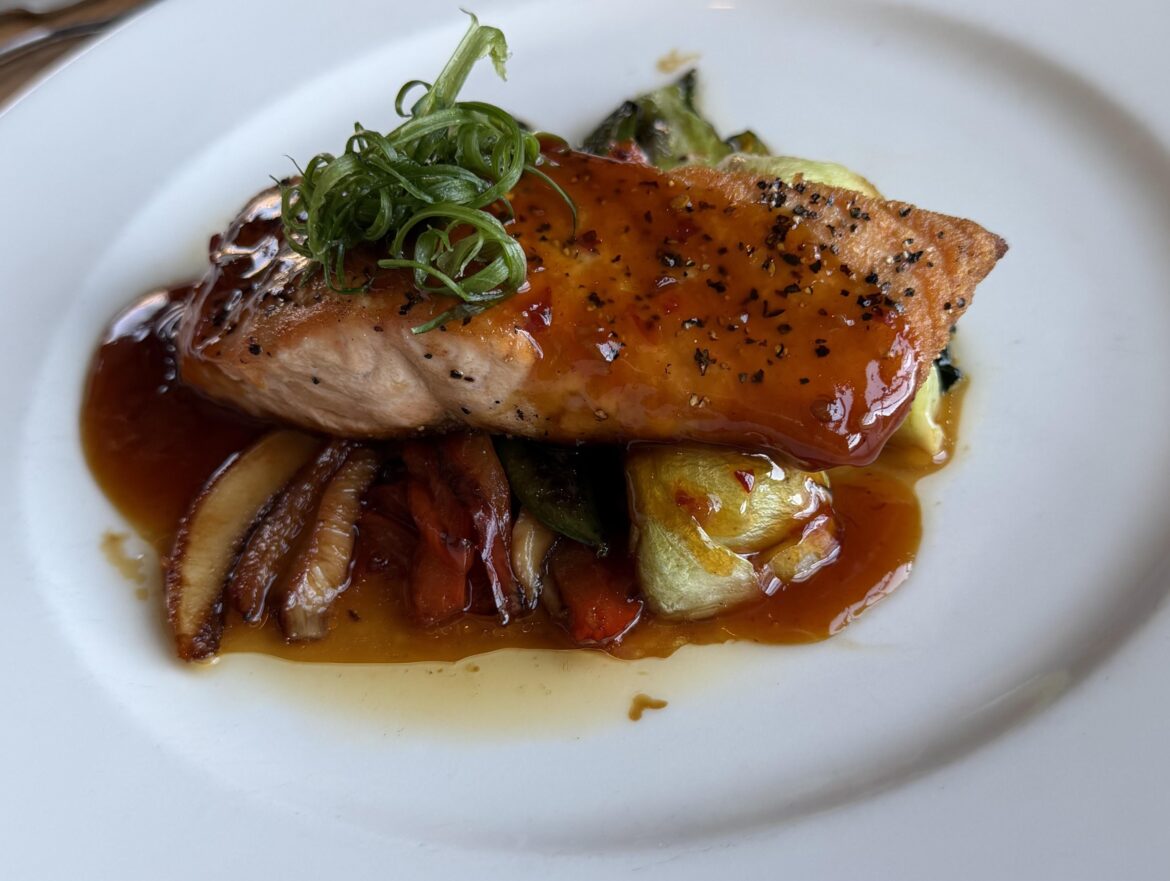 Honey sriracha glaced salmon, cedar plank roasted, ginger-soy sautéed sugar snap peas, bell peppers, shiitake mushroom, baby boy choy [OC]