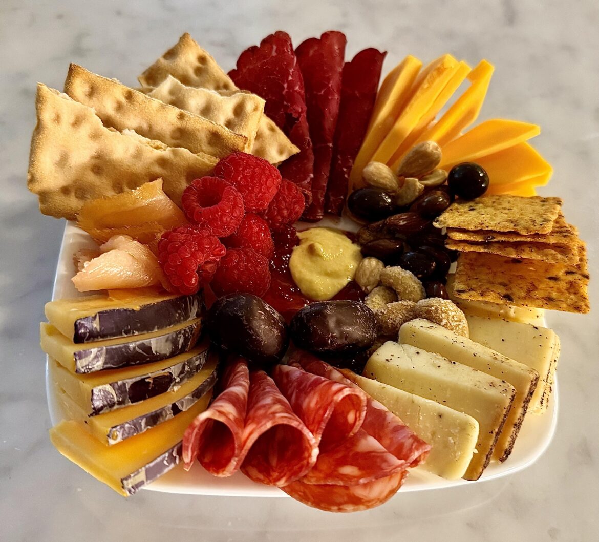 Baby charcuterie plate with Gouda, sharp cheddar,and espresso white cheddar