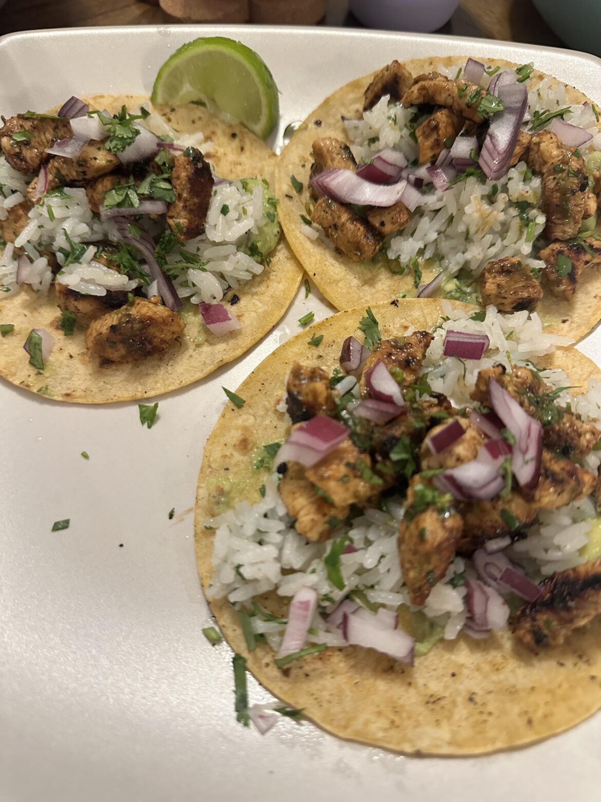 Lime chicken, rice and guac tacos