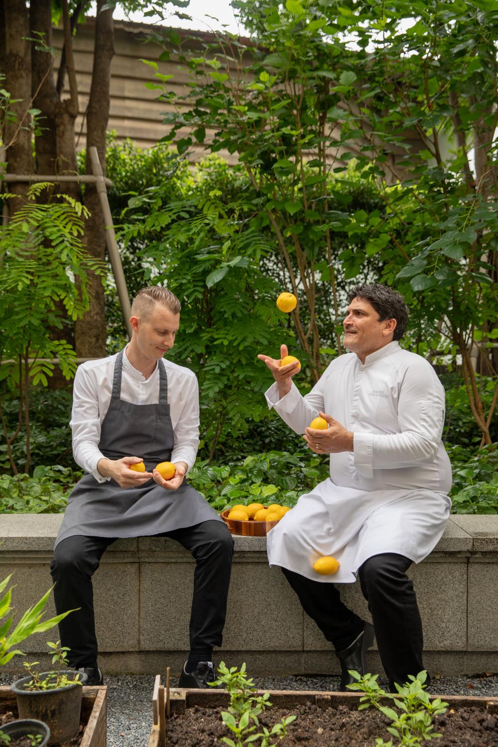 Chef Mauro Colagreco, right, with chef Davide Garavaglia of Côte by Mauro Colagreco. photo courtesy of Côte by Mauro Colagreco