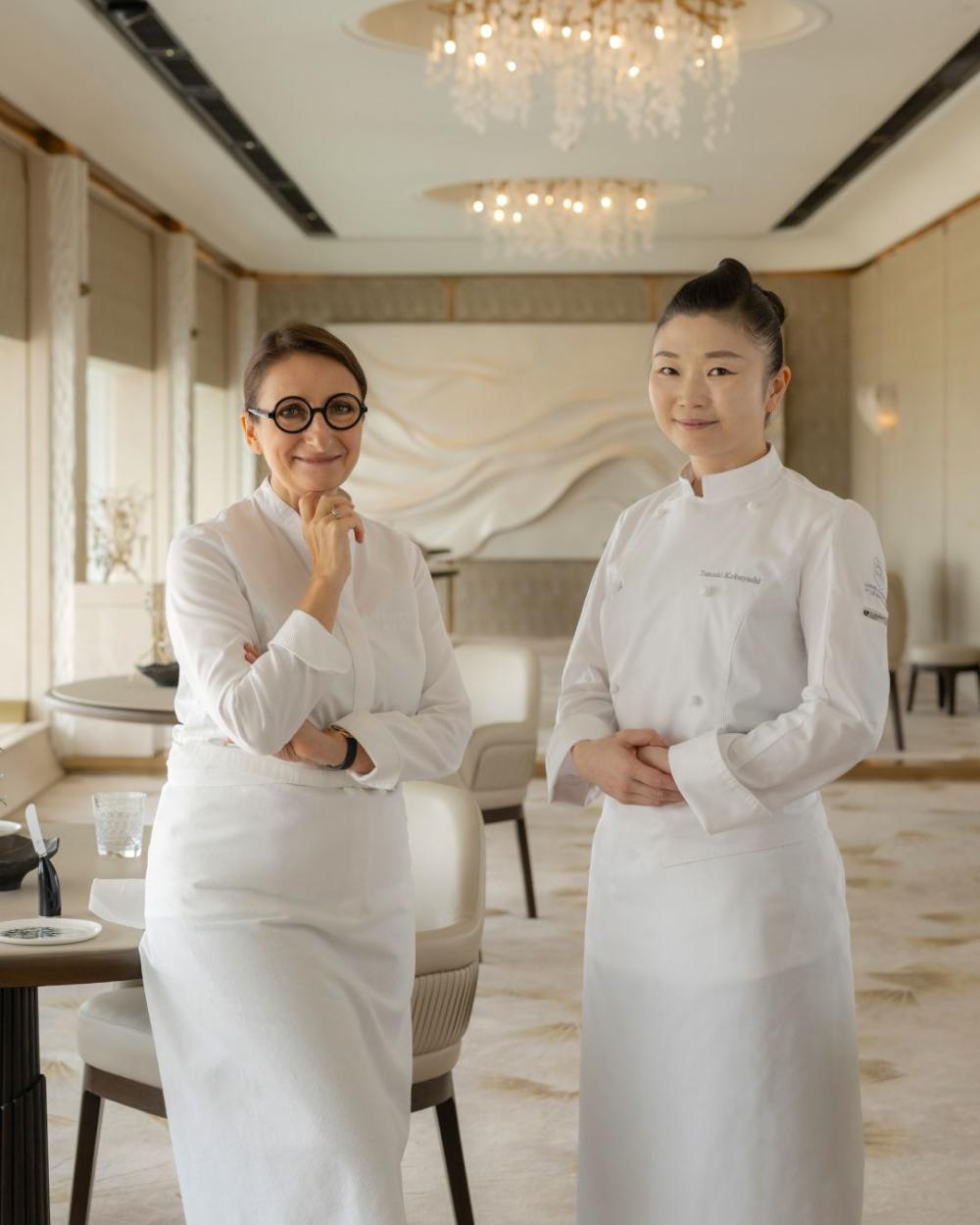 Chef Anne-Sophie Pic, left, with chef Tamaki Kobayashi at Anne-Sophie Pic at Le Normandie Bangkok. photo courtesy of Anne-Sophie Pic at Le Normandie Bangkok