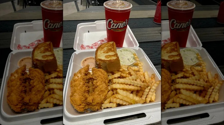 Raising Cane's meal with tenders, fries, Texas toast, and sauces