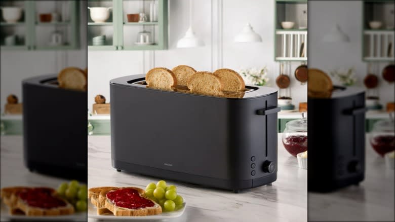 Black toaster with four slices of bread on a white marble counter in a kitchen.