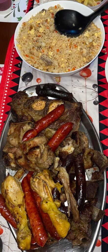 This is a homemade barbecue served with fried rice! My daughter and I made it.