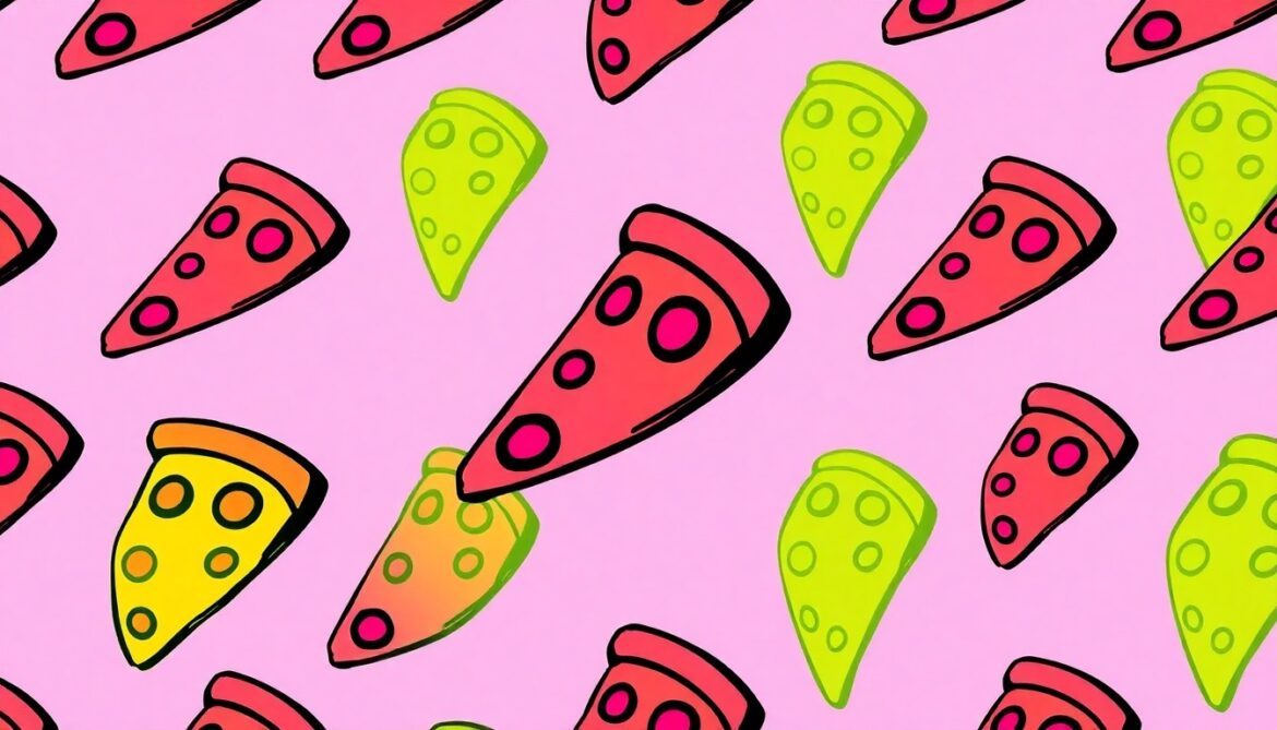 A bold, colorful silkscreen-style illustration featuring a repeating pattern of a single, iconic pizza slice in vibrant neon hues, conceptually representing the innovative trends shaping the pizza industry.