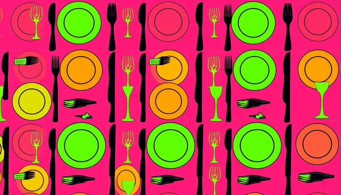 A brightly colored, high-contrast silkscreen print of a single, iconic restaurant item such as a plate, wine glass, or utensil repeated in a tight grid pattern, utilizing flat, vibrant, and unnatural neon color palettes overlapping with heavy black photographic outlines to turn an everyday restaurant object into modern pop art.