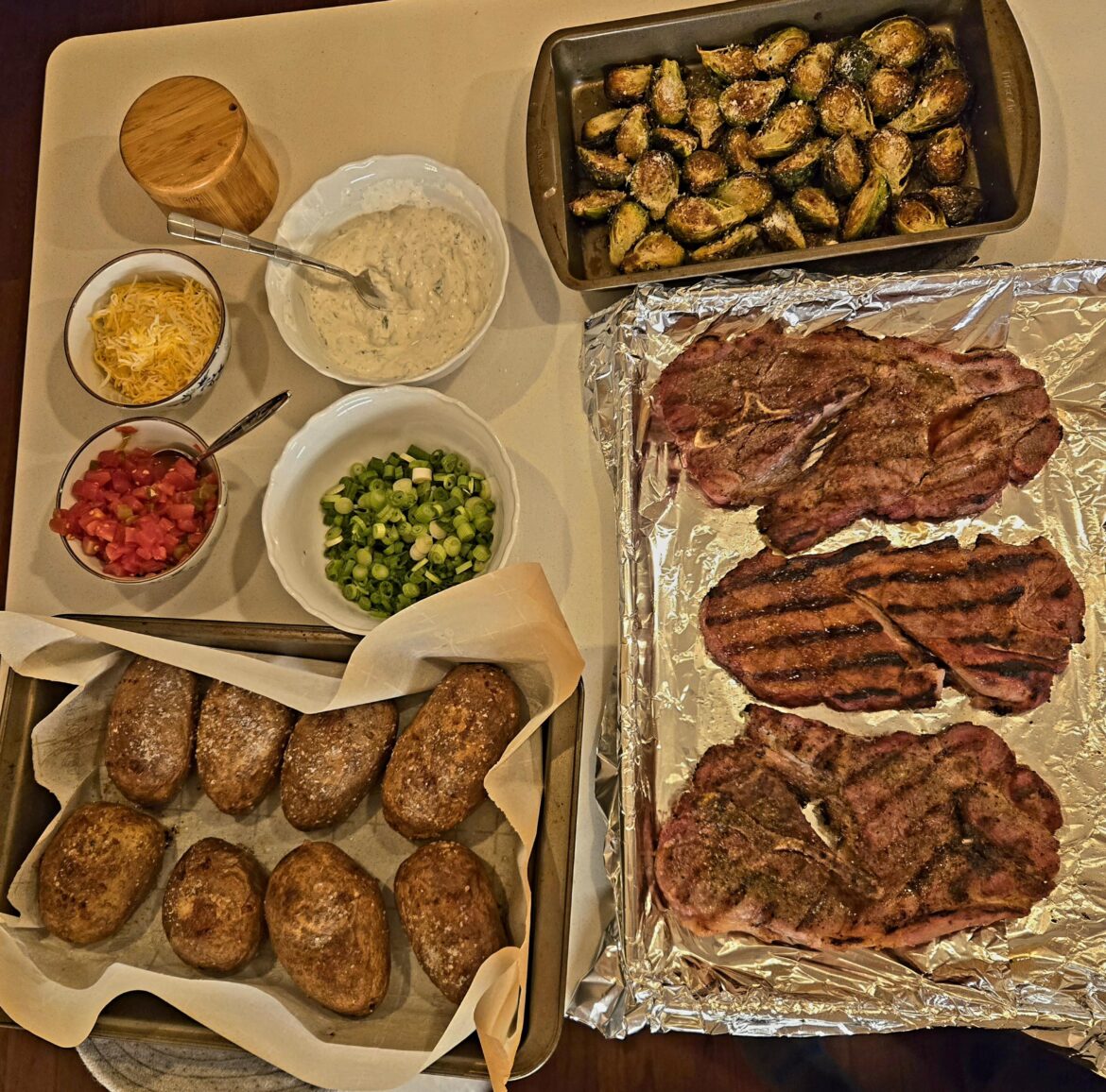 My son wanted a steak dinner, so we went to Aldi to get pork steaks, russet potatoes, and brussel sprouts