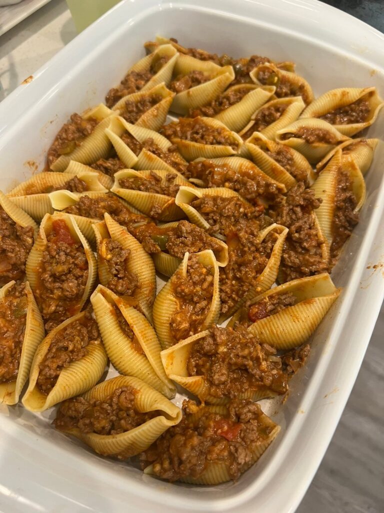 A kid favorite. Taco stuffed pasta shells.