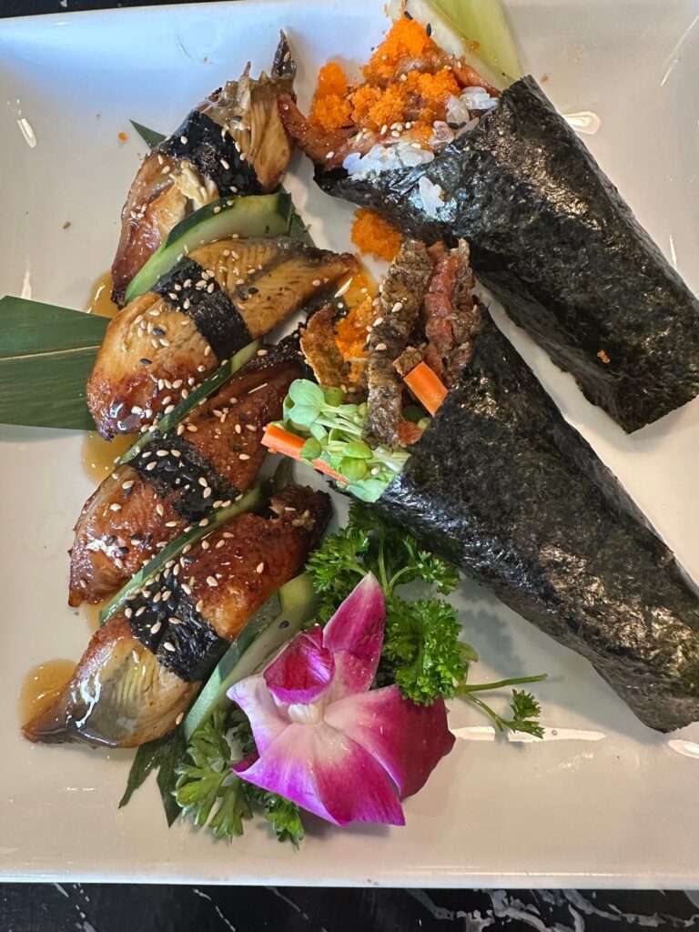 Eel & Salmon Skin Hand Rolls and Eel Nigiri