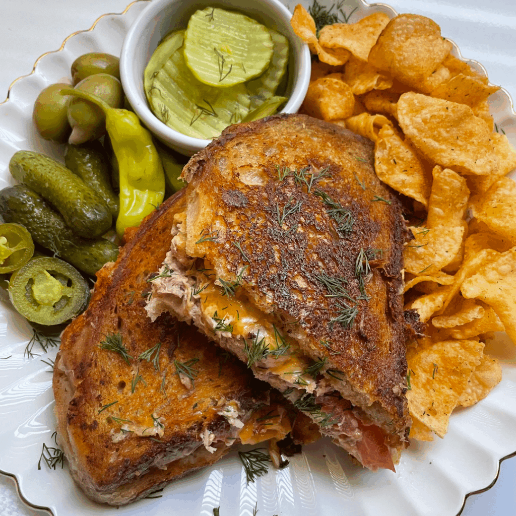 Tuna melt with tomato on sourdough