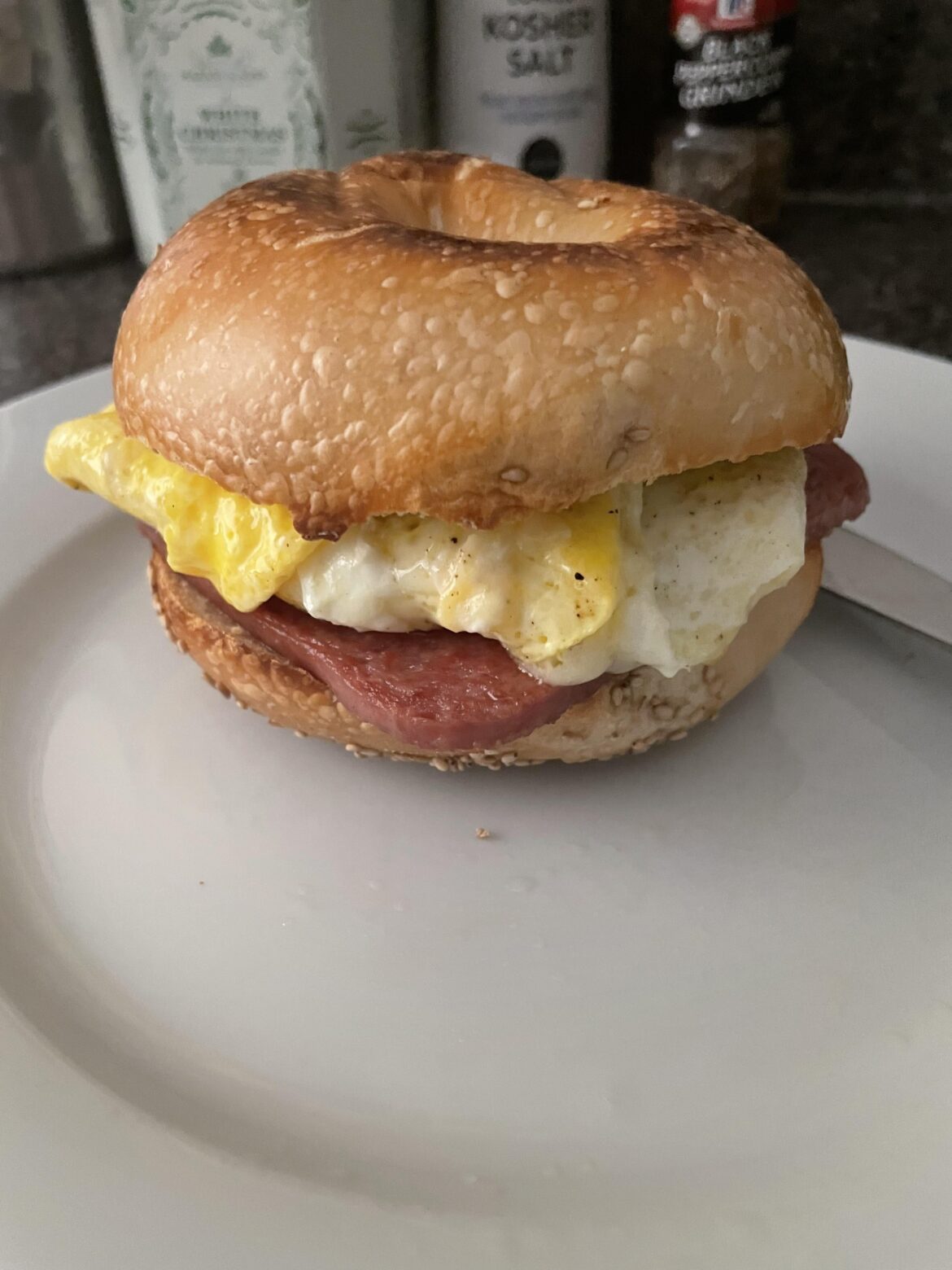 Spam egg and cheese. Sesame bagel.