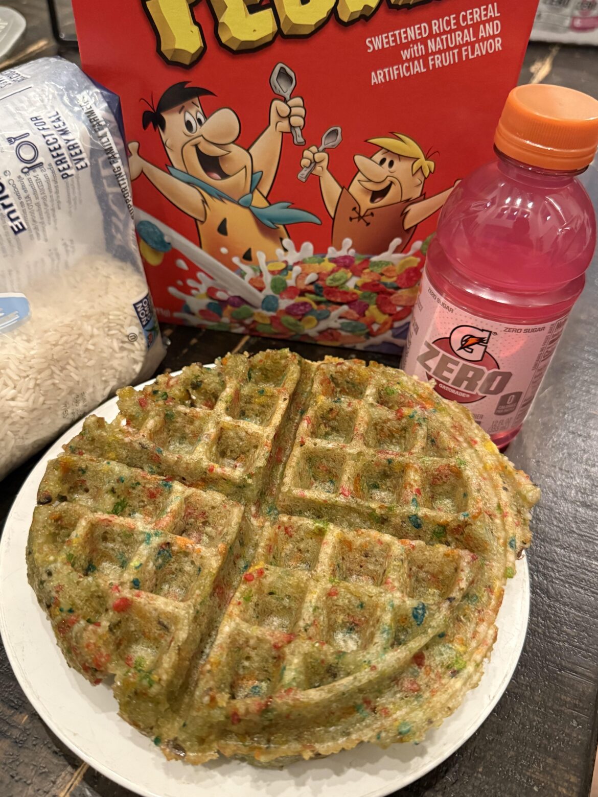Gatorade Zero Rice and fruity Pebble waffles