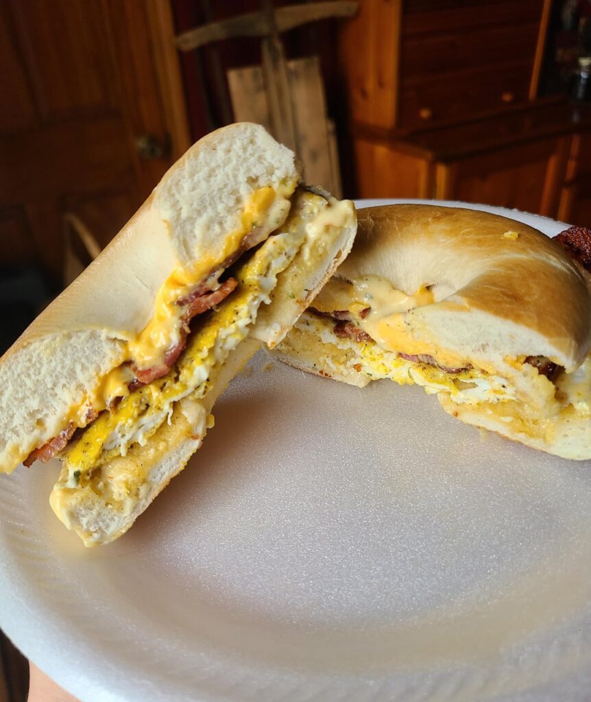 McDonald's at home. Bacon, egg and cheese bagel with homemade breakfast sauce.