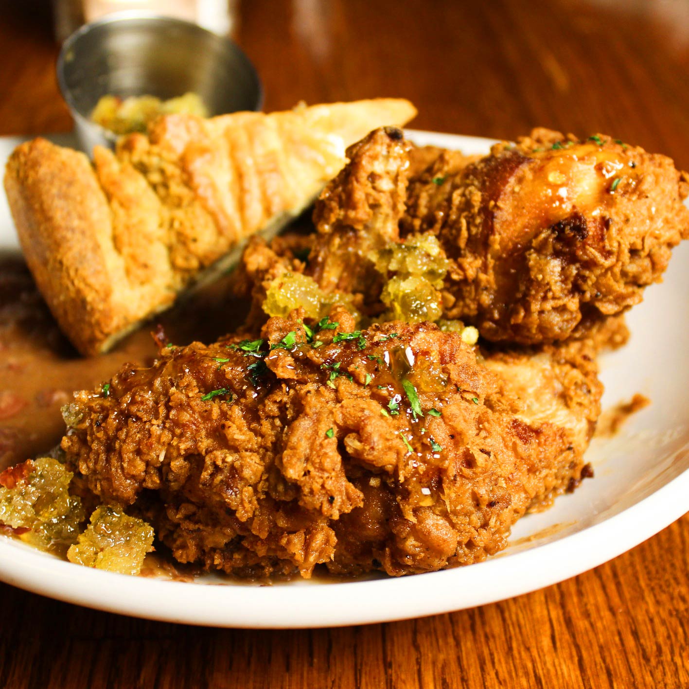 The fried chicken at Snackbar is brined in sweet tea for an especially Southern twist. © Bethany Moffett/Snackbar