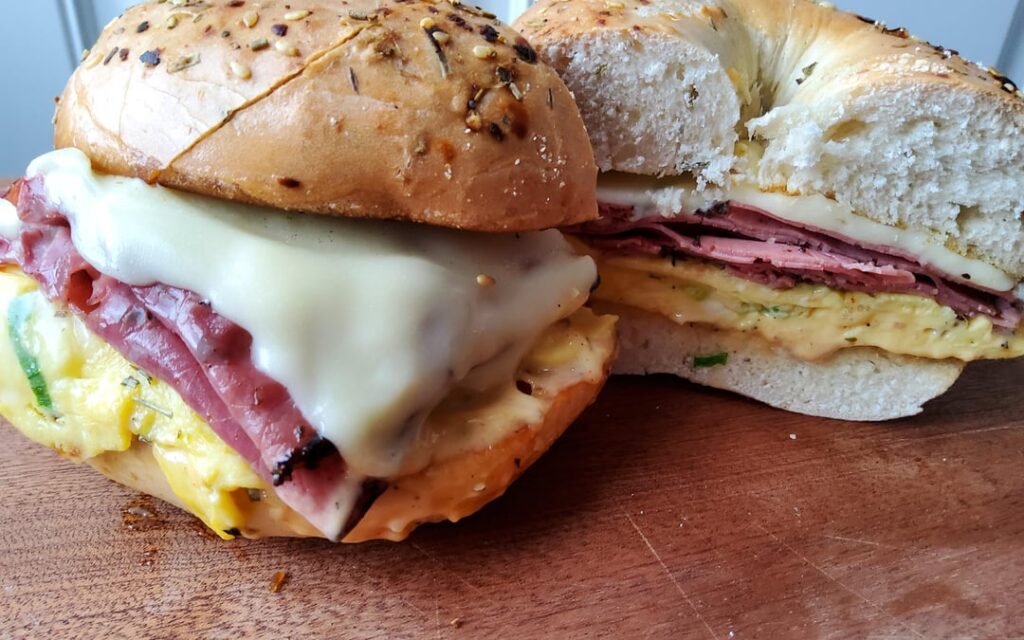 Made a Bodega like breakfast sandwich for lunch. Pastrami egg cheese on focaccia bagel with special sauce.