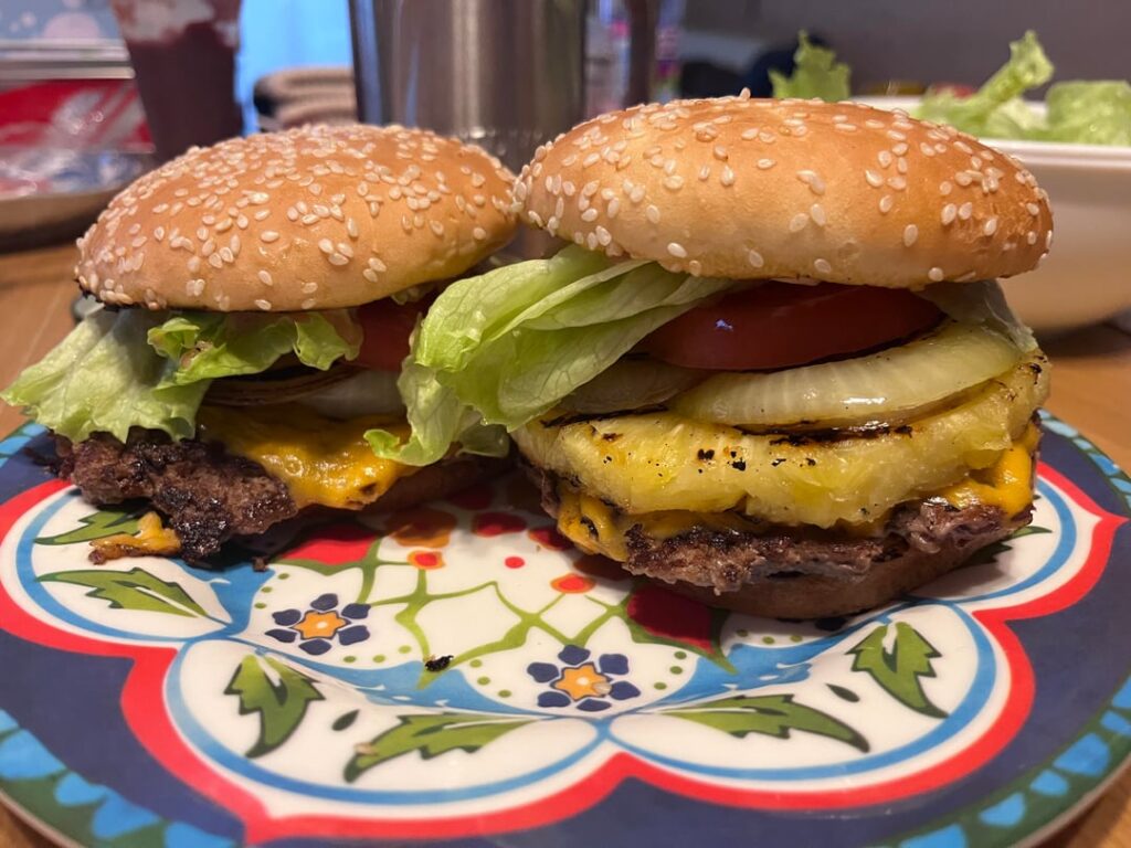 Cheeseburgers with and without grilled pineapple