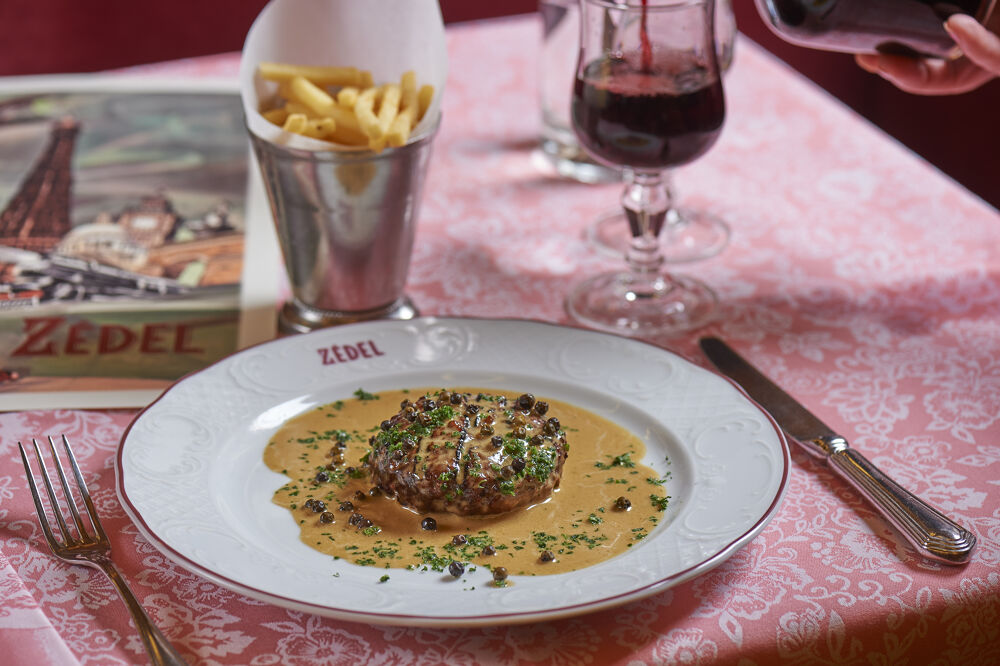 Chopped steak 'Americain' with peppercorn sauce at Brasserie Zédel. © Tim Winter