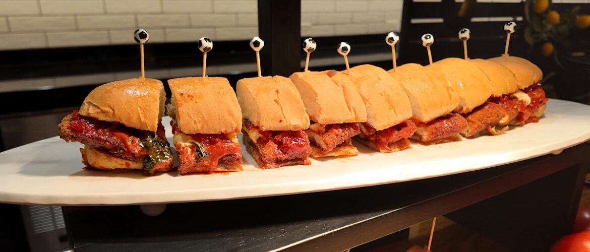 A chicken cutlet sandwich (available only in suites) is one of the food displays at a media event Mar 5, 2026 to promote new food options for Columbus Crew fans eating at ScottsMiracle-Gro Field this season.