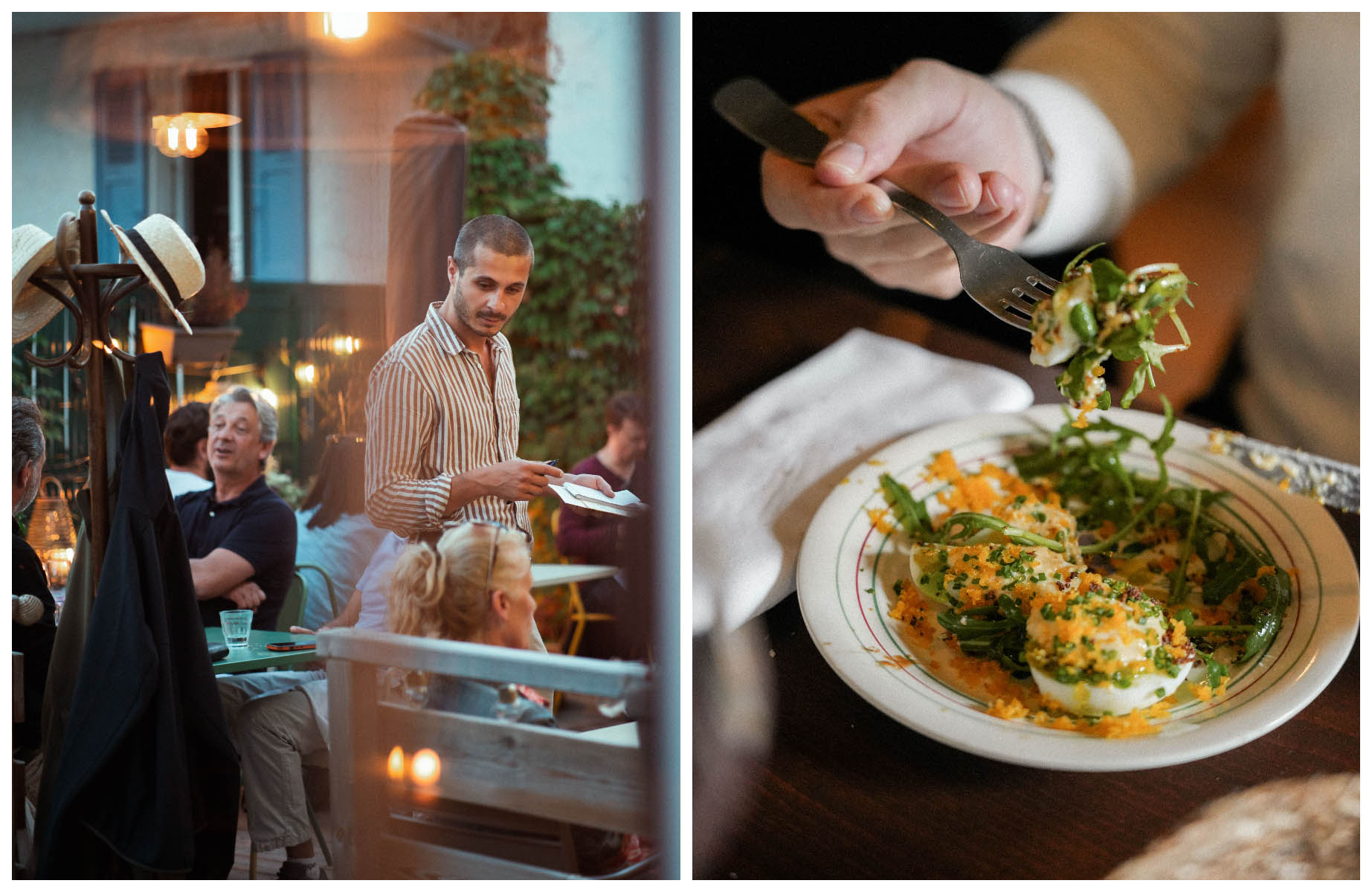 The terrace and a main course at Le Café de la Poste restaurant in France's Savoie region. © Clément Sirieys/Le Café de la Poste, © Noémie Arnaud - Noépic/Le Café de la Poste