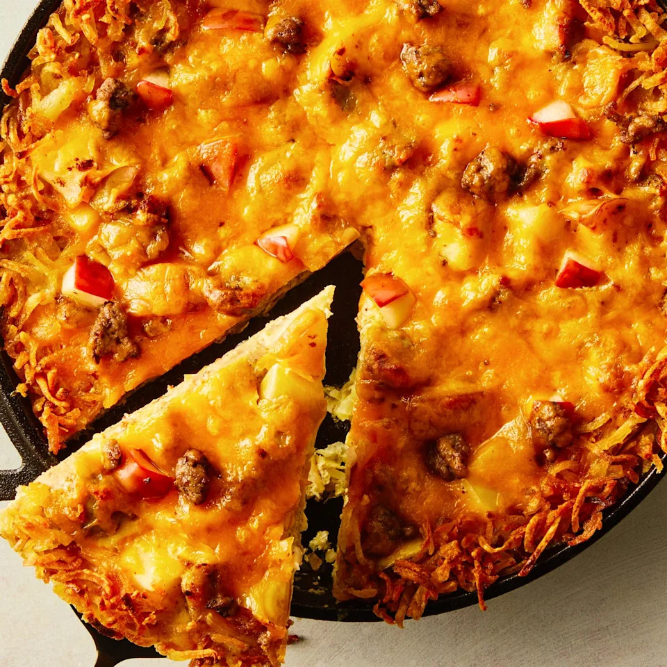 apple, sausage, cheddar hash brown breakfast bake