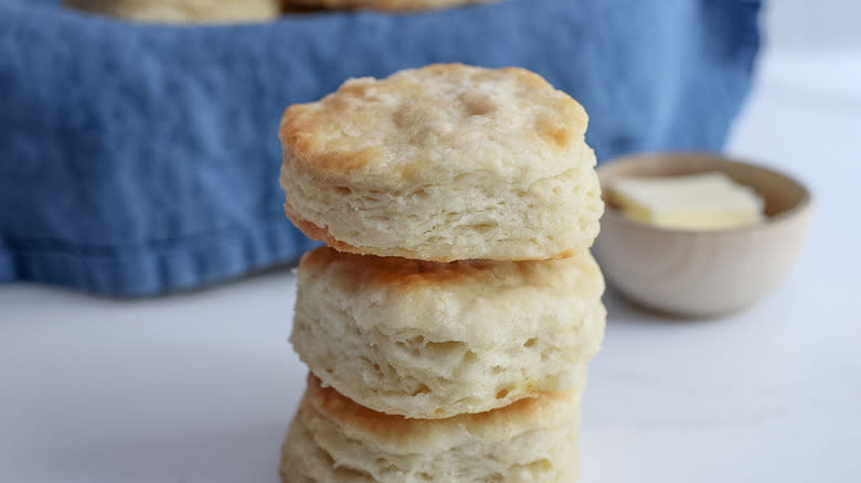 Stack of three flaky buttermilk biscuits